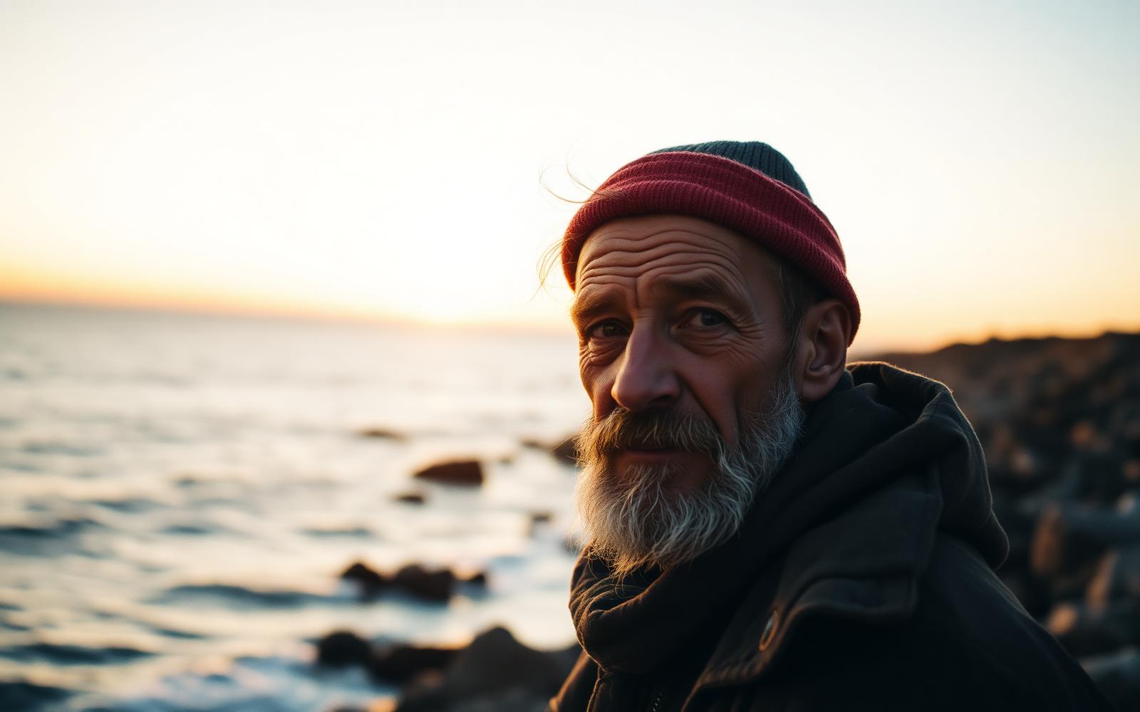 Documentary still — weathered fisherman portrait at golden hour on a rugged coast