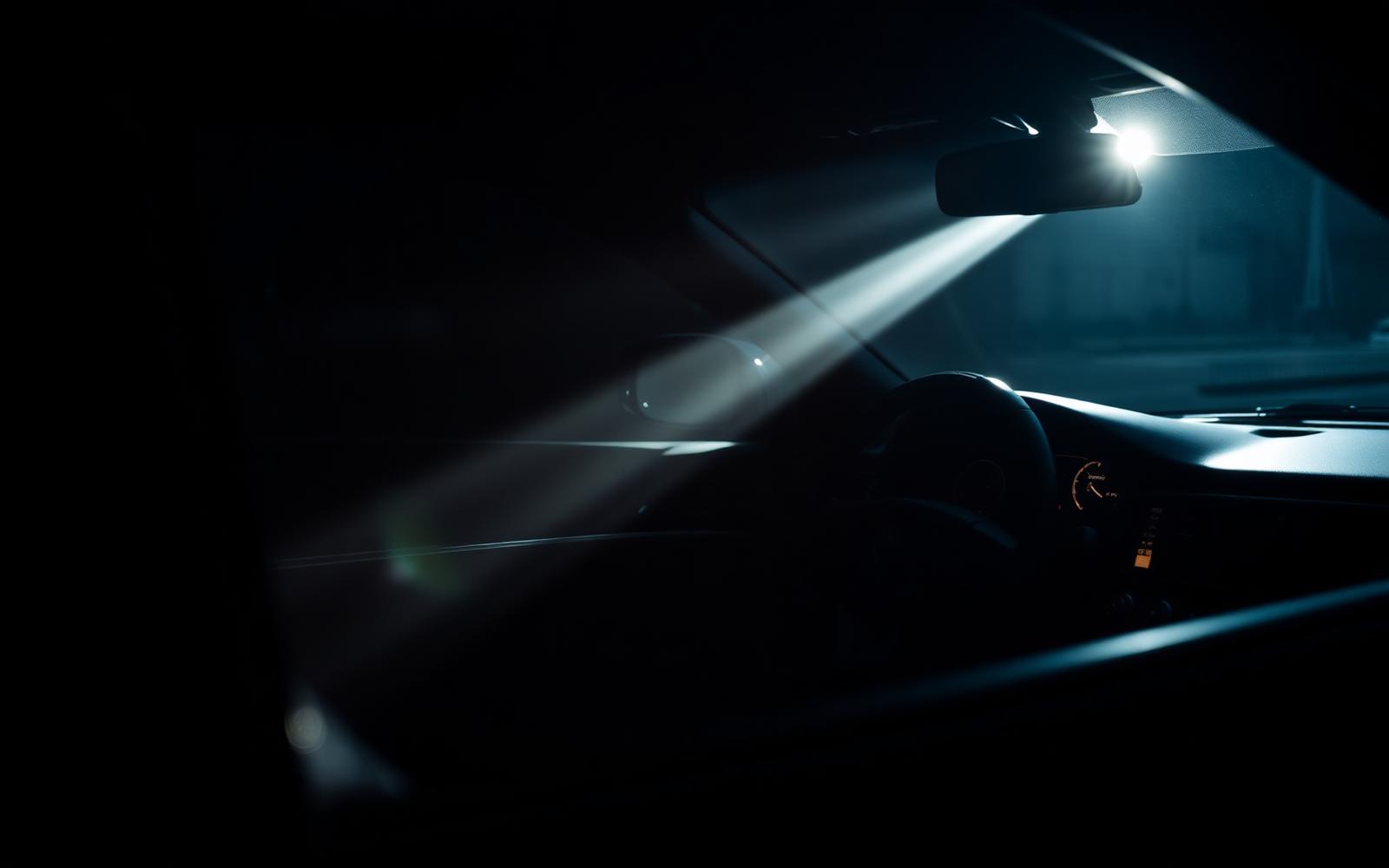 Commercial still — luxury car interior lit by a single hard light beam