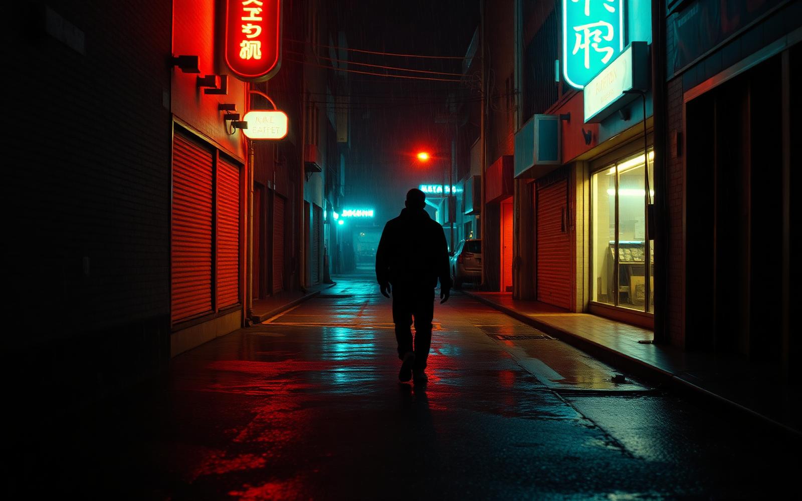 Film still from Nocturne — lone figure walking a neon-lit rainy alley at night